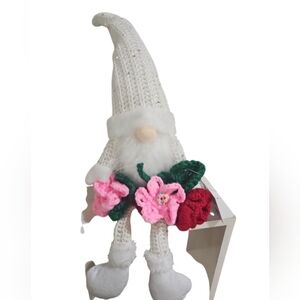 Handmade Mother's Day Crochet Gnome Hand Crafted white & silver sequins Red Rose